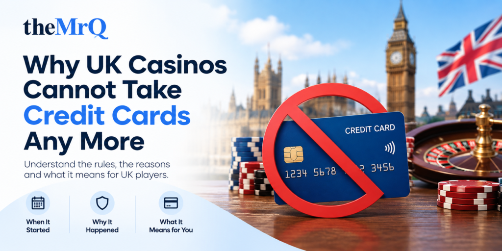UK casino credit card ban banner with theMrQ logo and gambling imagery